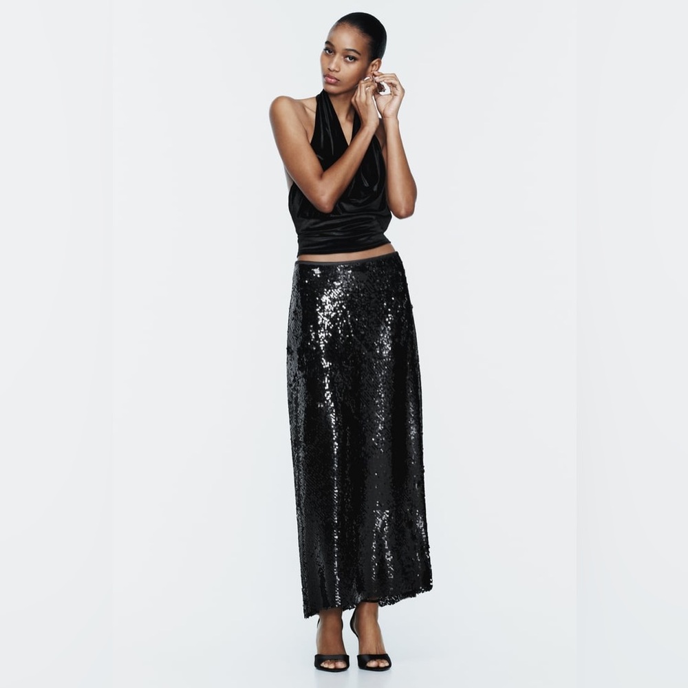 Zara SEQUIN Appliqué embellished MIDI Black pull on SKIRT sz.S